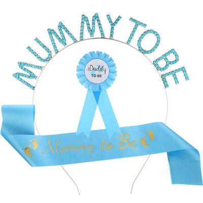 China Baby Shower Party Supplies 3Pcs Mum To Be Sash Baby Shower Satin And Headbands Dad To Be Kind Of Badge Tell Party Mum To Be Sash Party Supplies for sale