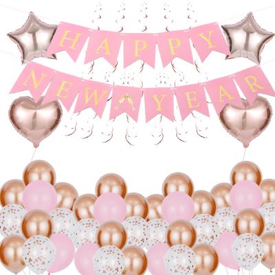 China Happy New Years Eve Party Supplies Pink Dovetail Paper Banner Rose Gold Aluminum Film Balloon for 2022 Party Decoration for sale