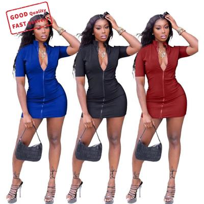 China GQ2207 2021 New Arrival Women Bodycon Dress Zipper Solid Color Elegant Casual Dresses Breathable Mini Dresses for sale