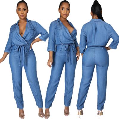 China Breathable Denim Dungarees V-Neck Bandage Dungarees Women Slim Drop GQ3197 Casual Overalls for sale