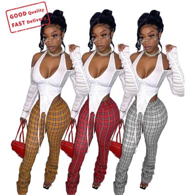 China GQ1527 spring breathable 2021 plaid piled pants plus size pants fashionable joker piled pants for sale