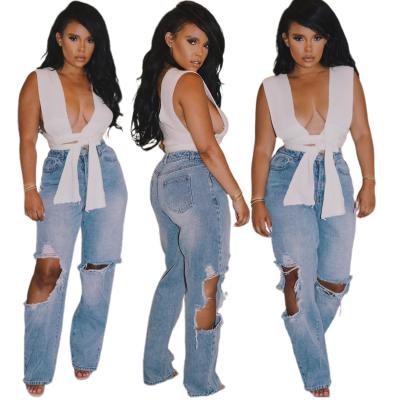 China GQ8222 Summer Women's Anti-Wrinkle Long Holes Denim Holes Fashion Women's Slim Long Pants Women Trousers for sale