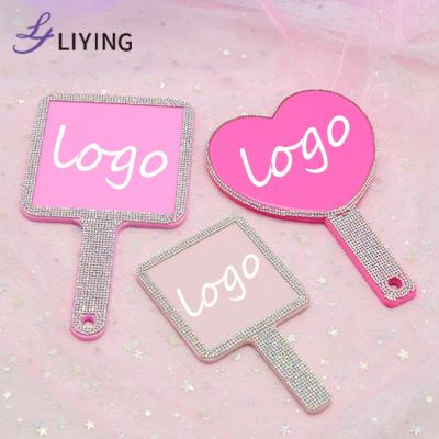 China Custom Free Custom Mirror Bling Rhinestone Square Logo Make Up Lash Hand Mirror For Cosmetics for sale