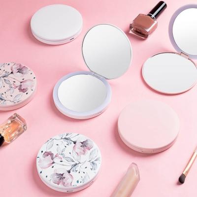 China Top Logo Pocket 1X 2X Lighted Travel Custom Cosmetic Pink White Pink Portable Round Led Mirror For Girls for sale