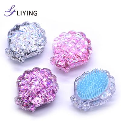 China Mini Detangling Brush Waterproof Liquid Hair Glitter Mermaid Shell Shape Bling Hair Brush For Girls for sale