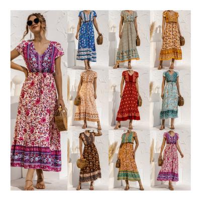 China Breathable 100% Polyester Short Sleeve Button Up Casual Dresses Bohemian Floral Patchwork Elegant Dress for sale