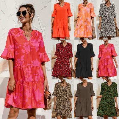 China Breathable Eight Color Leopard Hot Selling Print Flare Sleeve Women Summer Ruffle Casual Dress for sale