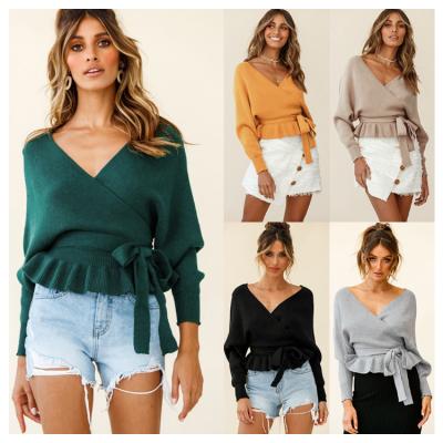 China Anti-pilling High Quality Women Autumn Candy Color Deep V-Neck Long Sleeve Knitted Sweater Wrap Sweater for sale