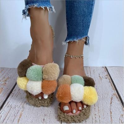 China Fashion Trend Real Six Balls Fox Fur Jelly Wallet Shoes Women's Hairball Sandals Autumn And Winter Cotton Slippers for sale