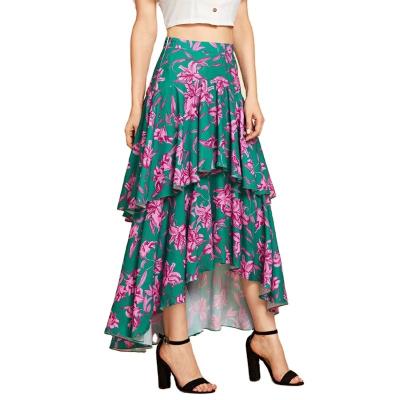 China Asymmetrical Floral Print Tiered Plus Layer Maxi Skirt Women High Low Edge Dance Party Skirt for sale