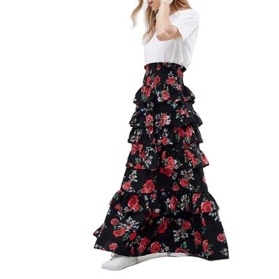 China Plus Size Fashion Rose Floral Printed Tiered Maxi Skirt Ladies Ruffles High Waist Design Tutu Skirt for sale