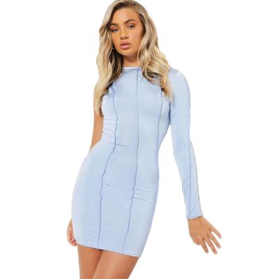 China Anti-Wrinkle Summer Solid One Sleeve Contrast Stitch Custom Mini Women Bodycon Dress for sale