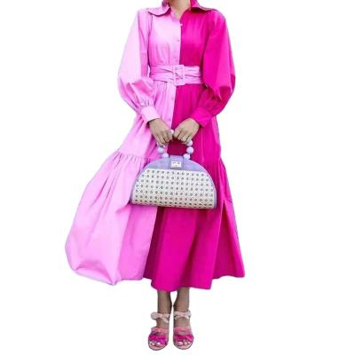 China Plus Size Fashion Women Blow Out Two Tone Quilted Tunic Maxi Long Sleeve Casual Dress With Belt for sale