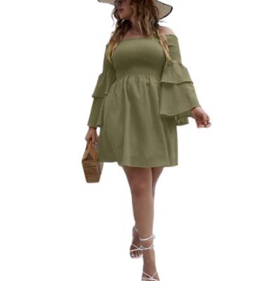 China 2021 Anti-wrinkle spring off shoulder bubbled plain ruffle layered sleeve long plus size casual short dress ladies for sale