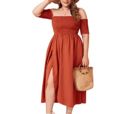 China Anti-wrinkle high waist summer off shoulder bubbled bust slit edge plain long plus size casual dress for fat women for sale