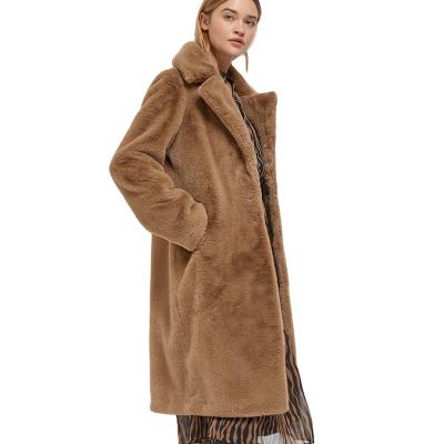 China Breathable Sheep Fur Brown Turtle Neck Women Coats No Collar Loose Wool Blend Coat for sale