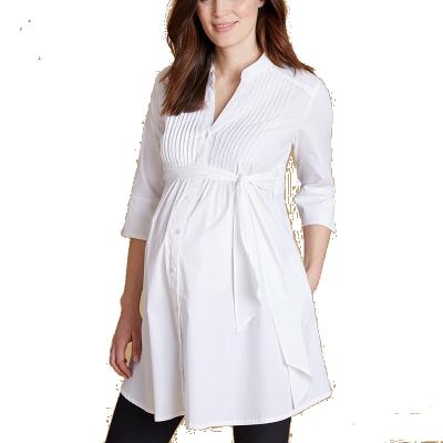 China 2021 Wholesale Women Breathable Dress Shirt Pregnancy Waist Tie Fold Blouse White Maternity Tops Wear for sale