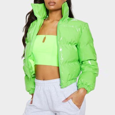 China Shinny Breathable Neon Green Cropped Long Sleeve Women Bubble Winter Coat Stripper Jacket for sale