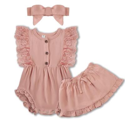 China 2023 Girls Summer Vintage Anti-wrinkle Baby Breath Short Sleeve Organic Cotton Romper With Pants Headband 3pcs Set for sale