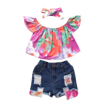 China Customizable Soft Treat 2023 Summer Tie Dye 2pcs Set Toddler Kids Babies Off Shoulder T-shirt Tops+shorts Pants for sale