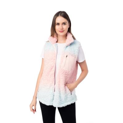 China Hot Ready To Ship Tie Dye Fleece Rainbow Stripe Zipper Sherpa Vest For Women for sale