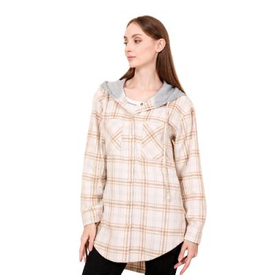 China Breathable High Quality Ivory Plaid Women Outwear Flannel Fleece Shacket With Hoodie for sale