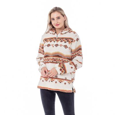 China Factory Breathable Fashion Casual Quarter Zipper Turn Down Collar Aztec Pattern Sherpa Fleece Pullover for sale