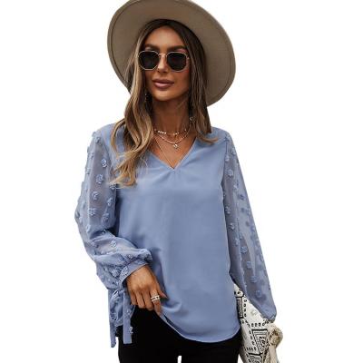 China Breathable Swiss Dot Chiffon Long Sleeves Top 2022 Spring Dobby Blouse For Women for sale