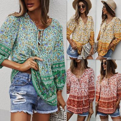 China 2022 Spring Flower Ruffle Breathable Floral Casual Printed For Women Tied Women Blouses Shirts for sale