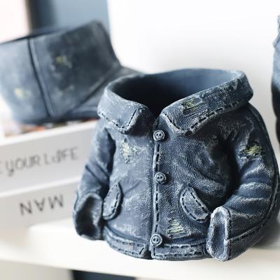 China Home Decor 2020 Newcomers Personalized Denim Cement Blue Suit Planters Creative Flower Pot for sale