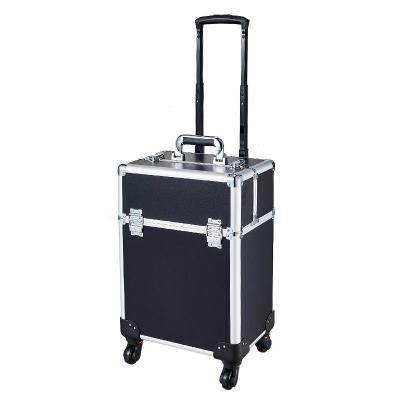 China Durable custom 2 in 1 Professional Rolling Makeup Trolley Rolling Case Large Capacity Aluminum Case Trolley Train Makeup Trolley Case for sale