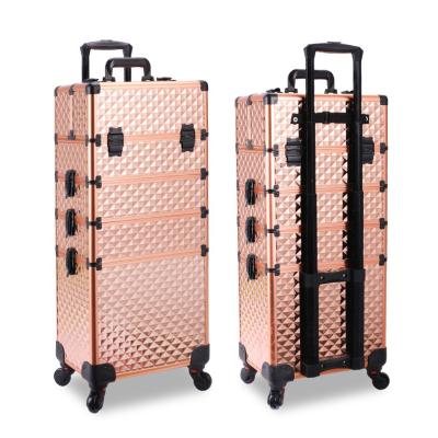 China Durable Gold 5 In 1 Universal Aluminum Tribe Trolley Rolling Case Beauty Makeup Trolley Case Large Vanity Case for sale