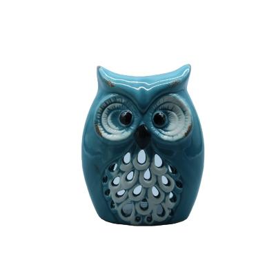 China Europe Christmas Decorative Ornaments Design Owl Figurine Colorful Hollow Cut Ceramic Tealight Candle Holder for sale