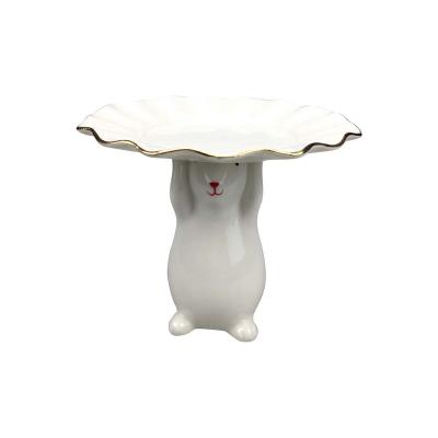 China Crafts Dessert Tableware Decorative Viable White Rabbit Ceramic Cake Stand With Gold Rim for sale