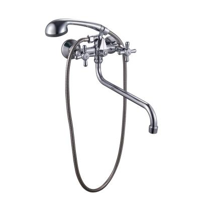 China Without Slide Bar Manufacturer Supply Dual Handles Chrome Faucet Bathroom And Shower Wall Mounted Mixer With Long Spout for sale