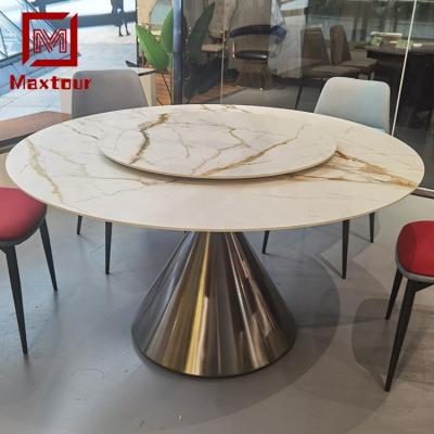 China Customized Round Stainless Steel Chrome Base Dining Table Unit Stone Dining Table Set 6 Chairs for sale