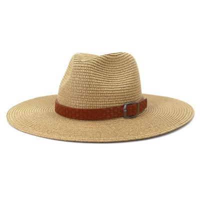 China New Men's Hat UV 10cm Wide Striped Fedora Hat Summer Sun Protection Panama Straw Hat Women Beach Brim Hat for sale