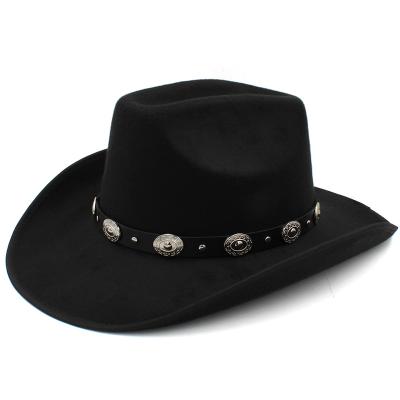 China Fashion Striped Women's Fashion Cowboy Hat With Cowhide Western Wide Brim Hat Jazz Winter Wool Hat Men's Wide Brim Hat for sale