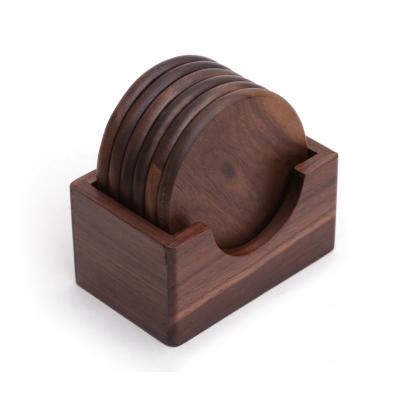 China Factory OEM Customized Viable Round Coffee Black Walnut Solid Heat Insulation 6 Pieces Tea Cup Wood Mat for sale