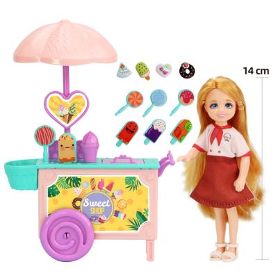 China Mini 5.5 Inch 14cm Doll Toy Girl Supermarket Vendor Toy Doll With Pretend Ice Cream Shopping Cart For Kids for sale