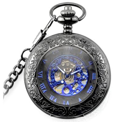 China Taschenuhr mit automatischer Bewegung, Retro- Weinlese-glatte schwarze Quarz-Taschen-Uhr mit Kette zu verkaufen