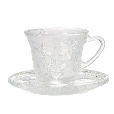 China For Water Flower Embossed Mug With Handle Clear Glass Italian Coffee Cup And Saucer for sale