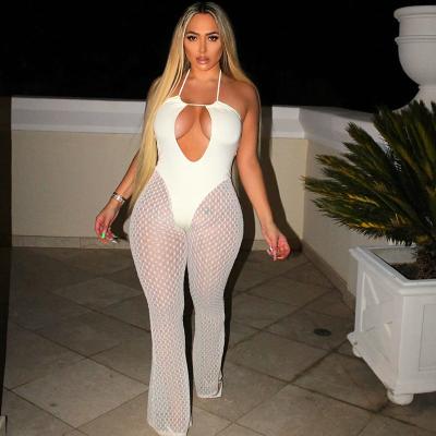 China 2022 Sexy Perspective Deep V Overalls Backless Strapless Drawstring Overalls Women New Arrival Mesh Jumpsuit Halter Neck Cutout Anti-wrinkle for sale