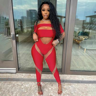 China 2022 Fashion Women Anti-Wrinkle Overalls Summer Hollow New One-Piece Romper Sexy Slim Pants Mesh Bodysuits Solid One Shoulder for sale