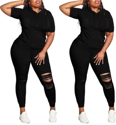 China Plus Size S-5XL Breathable Shorts Sleeve Hooded Hollow Out Pants Set Casual Women Two Piece Sets 2 Piece Set Women Summer Outfit for sale