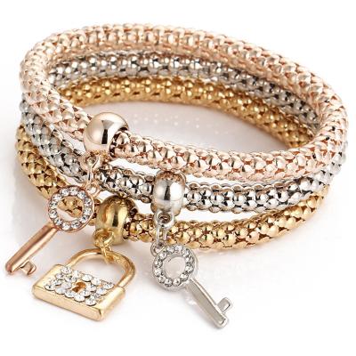 China Other 3 Colors Rose Gold Silver Multilayers Corn Gold Link Crystal Lock Key Bracelet Elastic Popcorn Lock Key Bracelet Set for sale