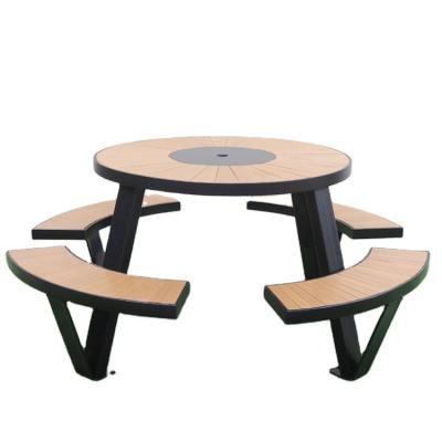 China Modern Outdoor Cafe Metal Restaurant Table And Chairs Garden Sets Outdoor Round Steel Wood Picnic Picnic Table With Bench for sale