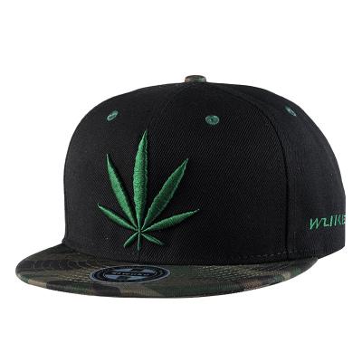 China Fashion JOINT Embroidery Customize Weed Leaf Snapback Hats Camouflage Brim Hip Hop Hat for sale