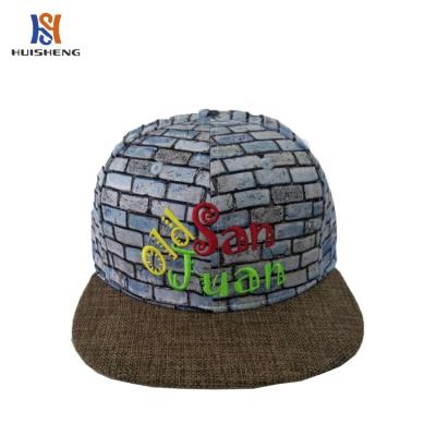 China New JOINT Sublimation Printing 6 Panels Wall Pattern Gorras Snapback Hats With Hemp Brim for sale