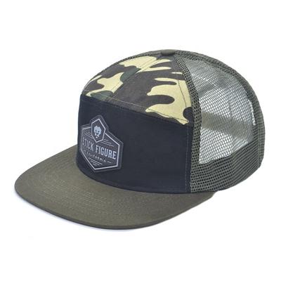 China COMMON Custom 7 Panels Camouflage Embroidery Woven Patch Hat Brim Snapback Flat Cap Mesh Trucker Cap for sale